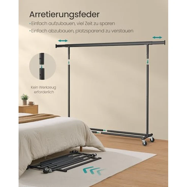 SONGMICS Kleiderständer auf Rollen, Schwerlast-Garderobenständer, ausziehbare Kleiderstange, bis 150 kg belastbar, einfache Montage, transportabel, schwarz HSR175B01 – Bild 6