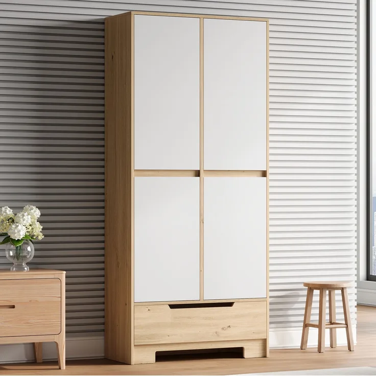 Küchenschrank 80 x 35 x 180 cm in Weiß und Natur mit Schublade und verstellbaren Einlegeböden