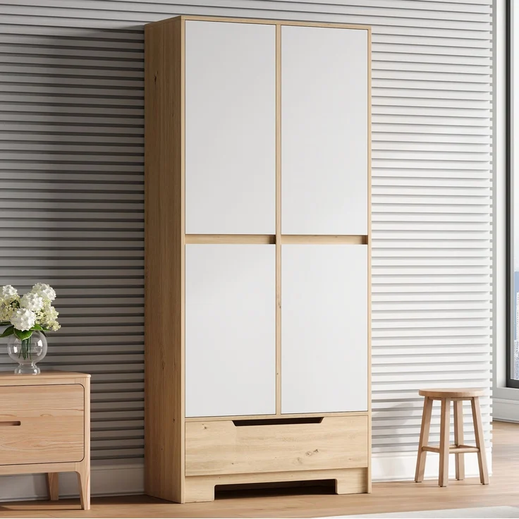 Küchenschrank 80 x 35 x 180 cm in Weiß und Natur mit Schublade und verstellbaren Einlegeböden – Bild 1