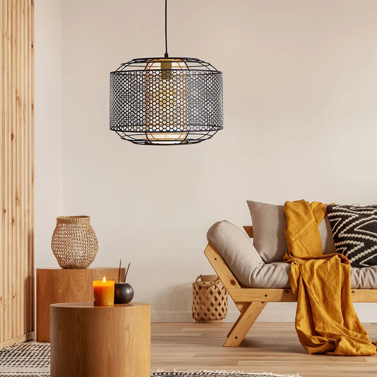 Hängelampe, Metall, goldfarbener Zylinder, Gitter, H 150 cm – Bild 5