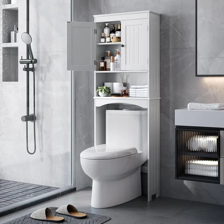 Bealife Toilettenregal, Regal über Toilette mit 3-stufigen verstellbaren Regalen, WC Überbauschrank Freistehend, 167 x 60 x 23 cm Überbau Toilettenschrank mit Doppeltüren für Badezimmer – Weiß