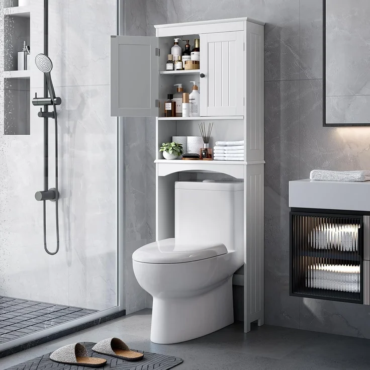 Bealife Toilettenregal, Regal über Toilette mit 3-stufigen verstellbaren Regalen, WC Überbauschrank Freistehend, 167 x 60 x 23 cm Überbau Toilettenschrank mit Doppeltüren für Badezimmer – Weiß – Bild 1