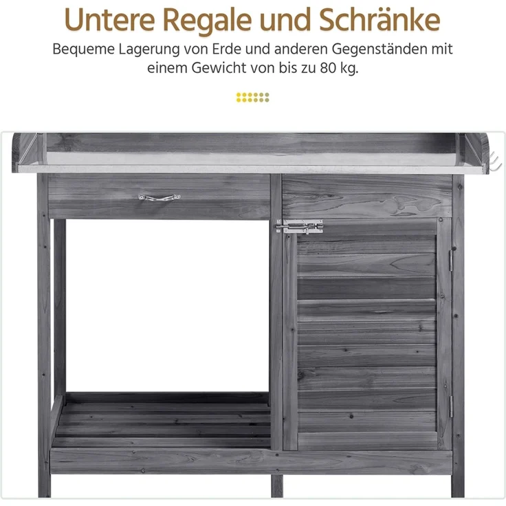 Yaheetech Pflanztisch Garten Pflanztisch mit Schubladen & Unterschrank, Outdoor Gärtnertisch Holzpflanztisch mit verzinkt Arbeitsplatte, Grau – Bild 7