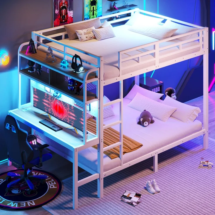 Etagenbett, 140x200 cm, Eisenrahmen, Ablagefach, Schreibtisch, mit LED-Lichtleiste, USB-Anschluss, Sicherheitsgeländer, Leiter, ohne Matratze, Weiß – Bild 4