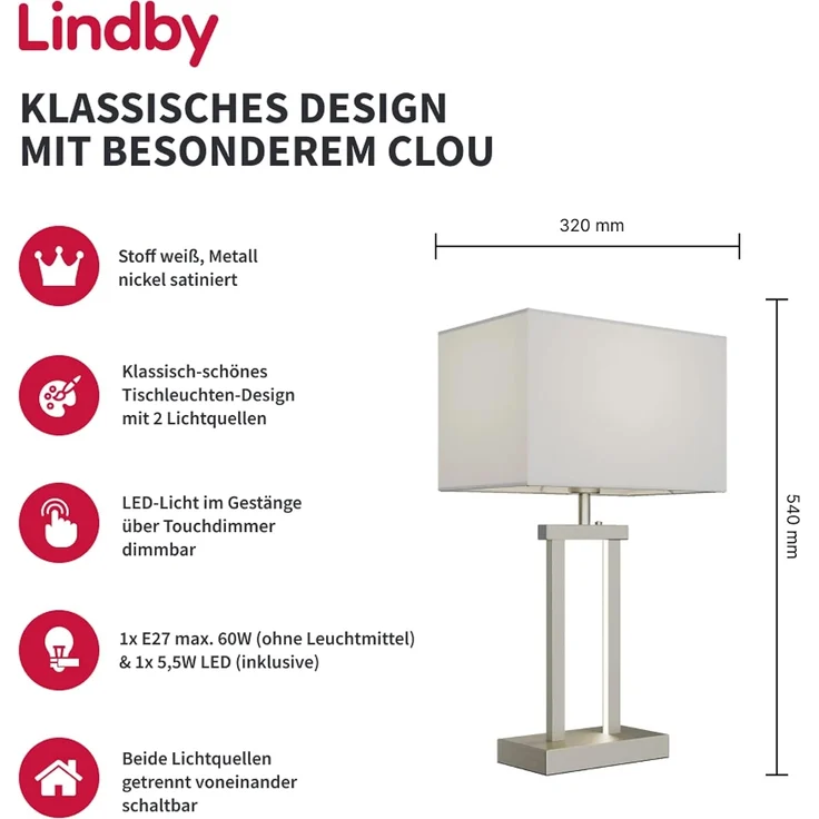 Lindby Tischleuchte Sigurd, Enthalten, 1 x 60 W E27 (exkl) + 1 x 5,5 W LED (inkl) – Bild 2