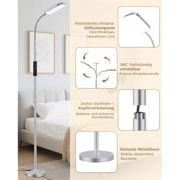 LED Stehlampe dimmbar 18W, 1850lm – Stehleuchte Wohnzimmer mit Fernbedienung, 3000–6500K, stufenlos dimmbar, Leselampe Bett mit Nachtlicht, moderne Stehlampe mit Prismadiffusor – Bild 7
