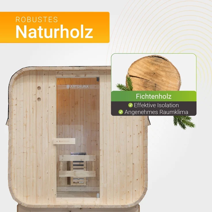 Artsauna Fasssauna Nolvik M, Outdoor-Sauna aus Fichtenholz, 3,6 kW Ofen, LED, Komplettset mit Sanduhr, Eimer & Thermometer, winterfest, Cube Design – Bild 3