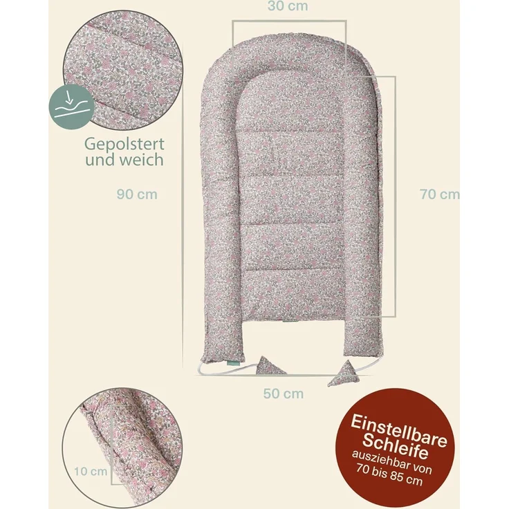 molis&co - Babynest - 100% Baumwolle (OEKO-TEX) - Babynestchen Neugeborene - Ideal als Reisebett, Kuschelnest Geeignet & Cradle Reducer - 90x50 cm - Peony – Bild 3
