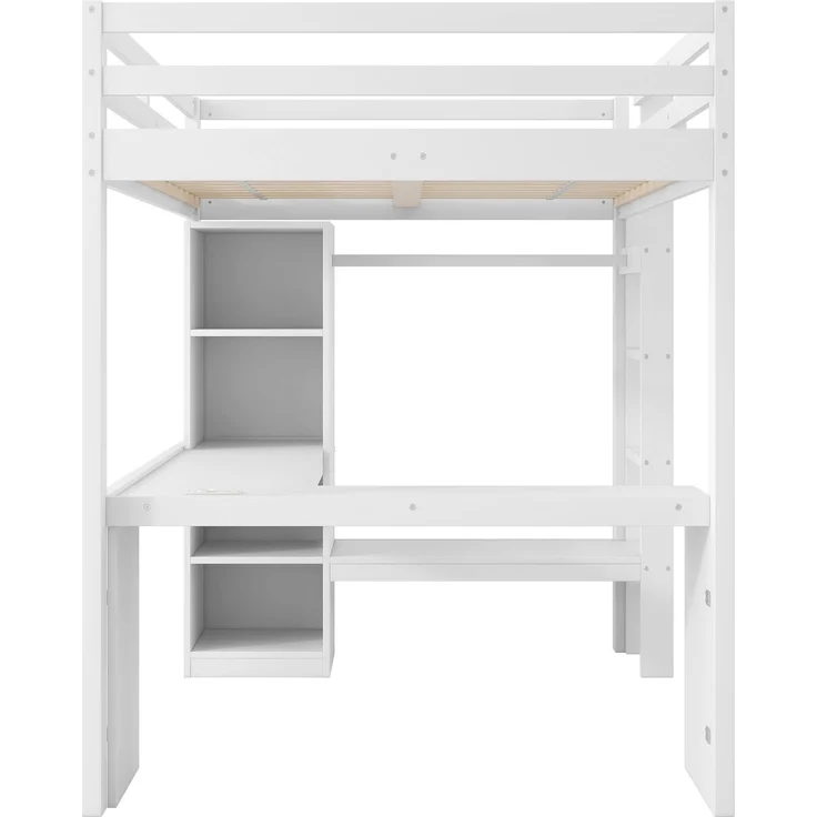 U-life Hochbett 140x200 cm mit Schreibtisch, Multifunktionsregalen, offenem Kleiderschrank, LED-Beleuchtung und USB-Ladestation, Weiß – Bild 5