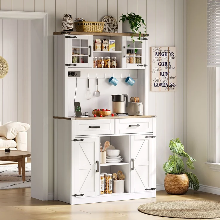 ZUBALIYA Buffetschrank 100x40x172 cm, mit LED-Beleuchtung, mit Steckdosen, mit verstellbaren Einlegeböden, aus MDF, Braun / Weiß – Bild 13