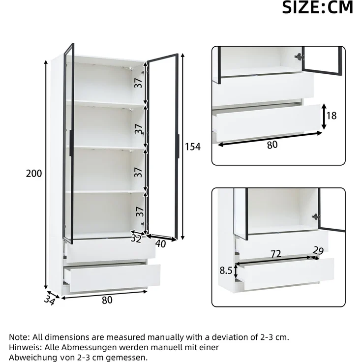 N625P332011012W)80*34*200cm Vitrine, Hochschrank mit LED-Leuchten, Wohnzimmer-Beistellschrank mit 2 Türen,Vitrinenschränke mit 2 Schubladen,Aufbewahrungsregale, Bücherregal, Display Regal,Weiß--Weiß--80x34x200cm--YOUDENOVA – Bild 9