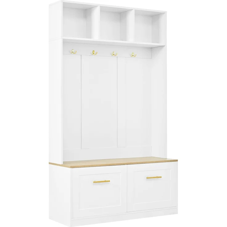 Garderobenset mit Sitzbank, Stauraum und 4 Haken, 105x40x180 cm, Natur/Weiß – Bild 6
