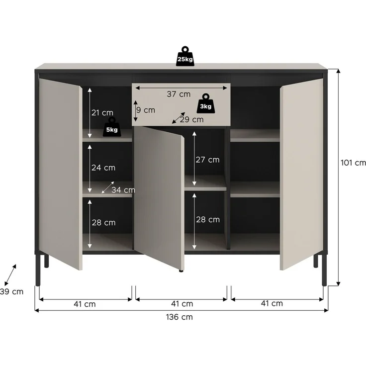 Newroom Kommode Kaschmir 136 cm, Kommode Kaschmir Elegant Sideboard Highboard Schlafzimmer Anrichte. – Bild 3