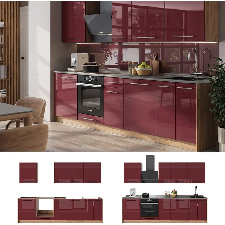 Küchenzeile Fame-Line Bordeaux Hochglanz/Goldkraft Eiche 280 cm, AP Marmor Vicco – Bild 4