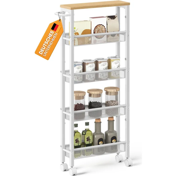 VASAGLE Rollwagen 5 Ebenen, Küchenwagen schmal, Nischenregal auf Rollen, Stahl, Griff, für kleine Räume, 13 x 45,4 x 99,6 cm, Küche, Bad, Wohnzimmer, Arbeitszimmer, eichenfarben-weiß LRC034W09
