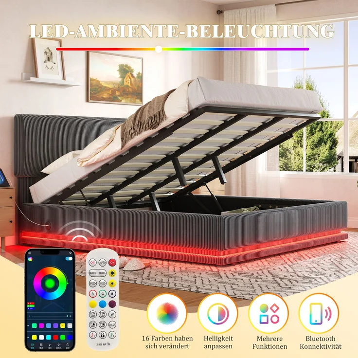 Polsterbett, Cord mit LED & USB-Anschluss, Stauraum & Lattenrost, 180x200 cm, Dunkelgrau, ohne Matratze – Bild 5
