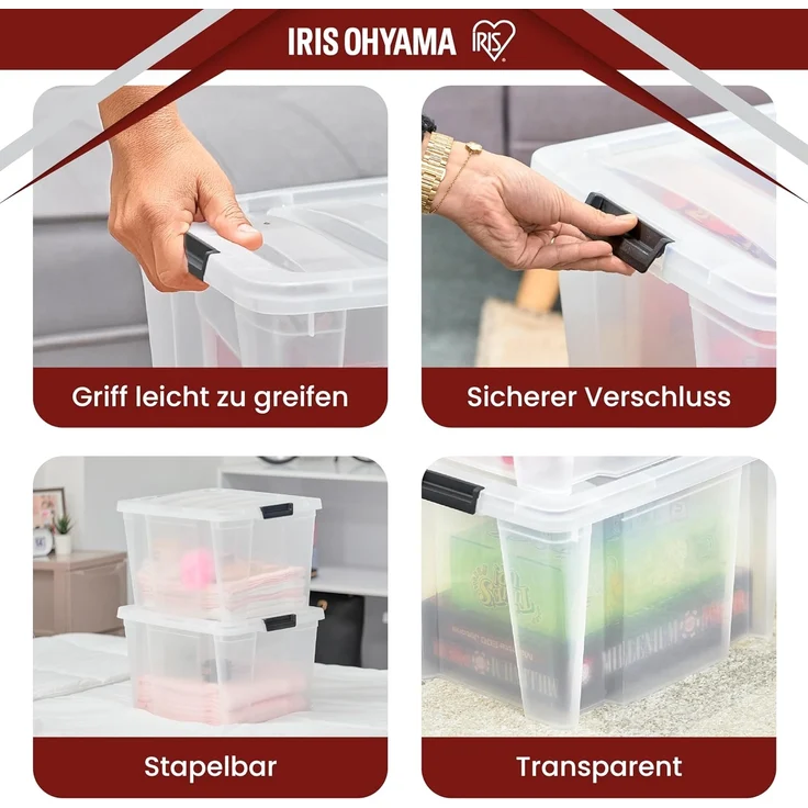 Iris Ohyama Aufbewahrungsboxen mit Deckel, 30L, 3er-Set, Transparent, Sicherer Verschluss, Stapelbar, Griffe, Schlafzimmer, Schrank, Büro, Organisation, BPA-freies Plastik, Ordnungsboxen, HB-30 – Bild 4