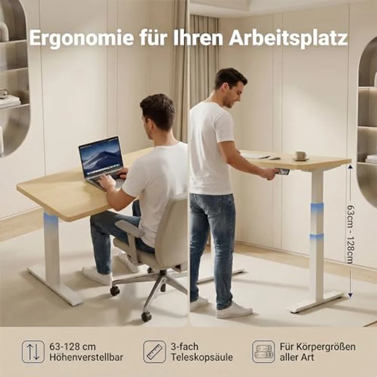 Devoko Höhenverstellbarer Schreibtisch 160x80 cm elektrisch, Höhenverstellung 63-128 cm mit Smart Control, 125 kg Tragkraft, für gesundes Arbeiten – Bild 6