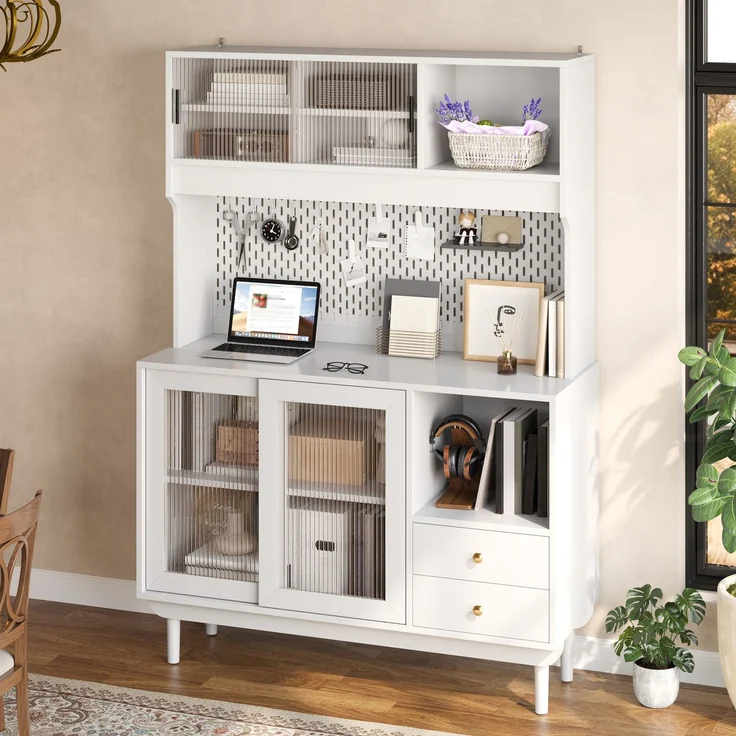 ZUBALIYA Hängeschrank (117 x 30 x 170 cm), 2 Türen, Schiebetüren, Stauraum für Wohnbereich, Küche oder Bad entsprechend dem Aufstellort, Weiß – Bild 4