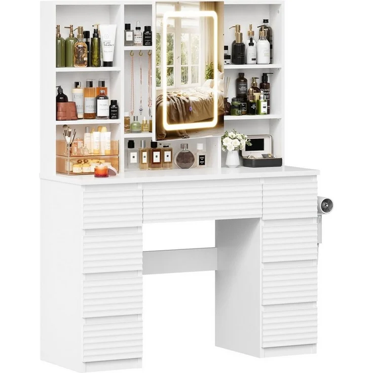 HOMALL Schminktisch LED-Schminkspiegel, schwarz-weißer Schminktisch und Hocker im Set (Kombination aus 9 Schubladen, 7 offenen Fächern und Stauraum hinter dem Spiegel, Maße: 108 x 40 x 146 cm, mit 2 Steckdosen, 1 USB-Anschluss und 1 Typ-C-Anschluss sow... – Bild 2