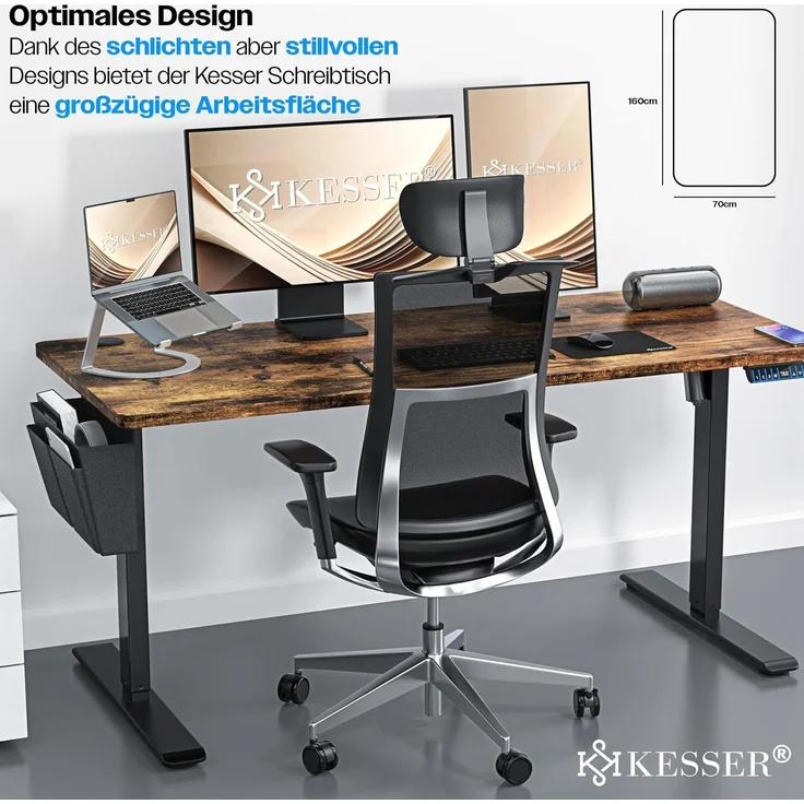 KESSER® Höhenverstellbarer Schreibtisch elektrisch | Ergonomisch Steh-Sitz Schreibtisch | 3-Funktions-Memory Steuerung | Inkl. 360° Rollen & USB-Ladeanschluss | Computertisch für Homeoffice Braun, 160 x 70 cm – Bild 2