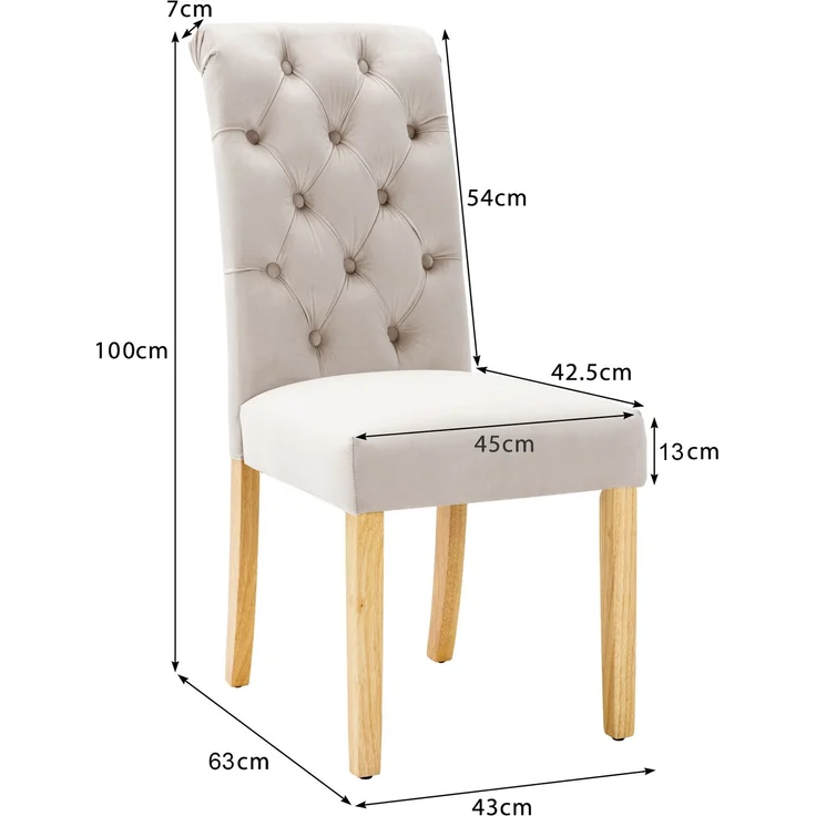 Esszimmerstuhl 4er-Set, Samt mit Eichenbeinen & Knopfheftung, 100 x 63 x 43, Beige – Bild 6