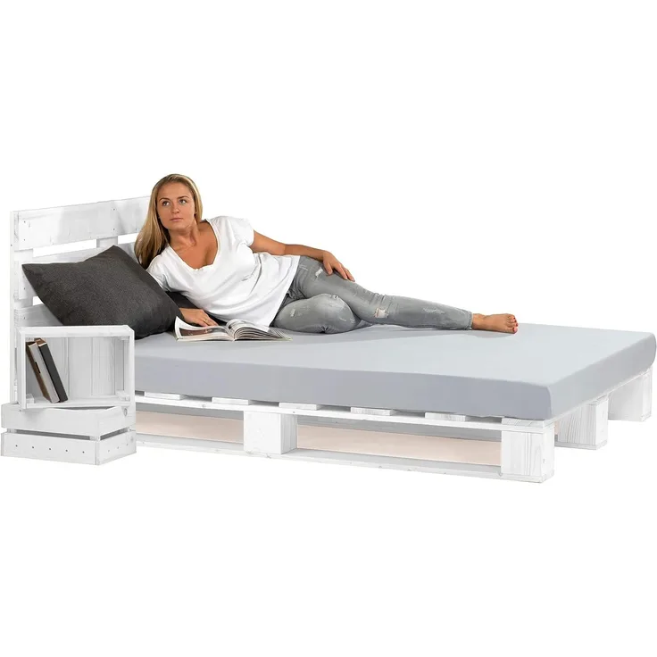 sunnypillow 180x200 cm Palettenbett mit Kopfteil Weiß Massivholzbett Bett aus Paletten Palettenmöbel Fichte europalette Weiss 80 90 100 120 140 160 180 200 220 240x200 cm