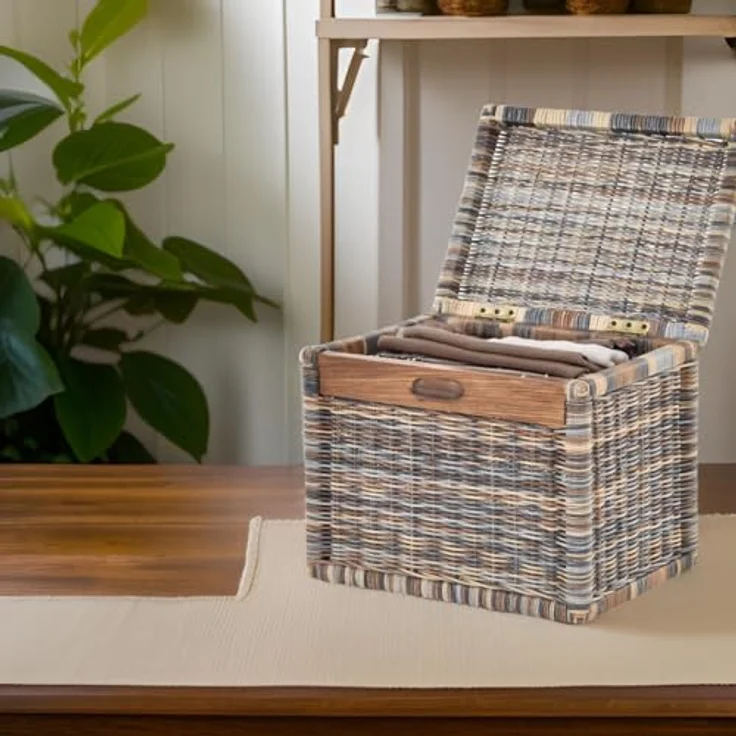 Krines Home Aufbewahrungskorb Hoher Korb mit Deckel Rattan geflochten Regalkorb Aufbewahrungsbox – Bild 3