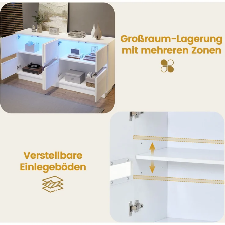 ZUBALIYA Sideboard 140x35x70 cm, mit LED-Beleuchtung, Hochglanz, mit 4 Türen, aus Spanplatte, Weiß – Bild 6