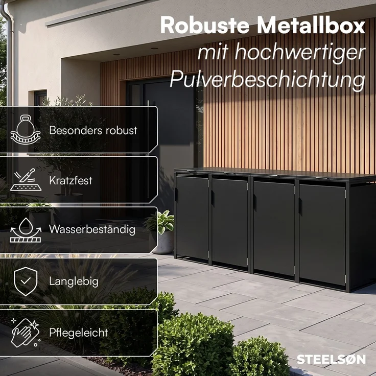 STEELSØN 'Thoria' Mülltonnenbox 4er je 240 Liter, graphitschwarz, Mülltonnenverkleidung aus Stahl, wetterfest, 116x80x268 cm, Müllbox für 4 Tonnen – Bild 4