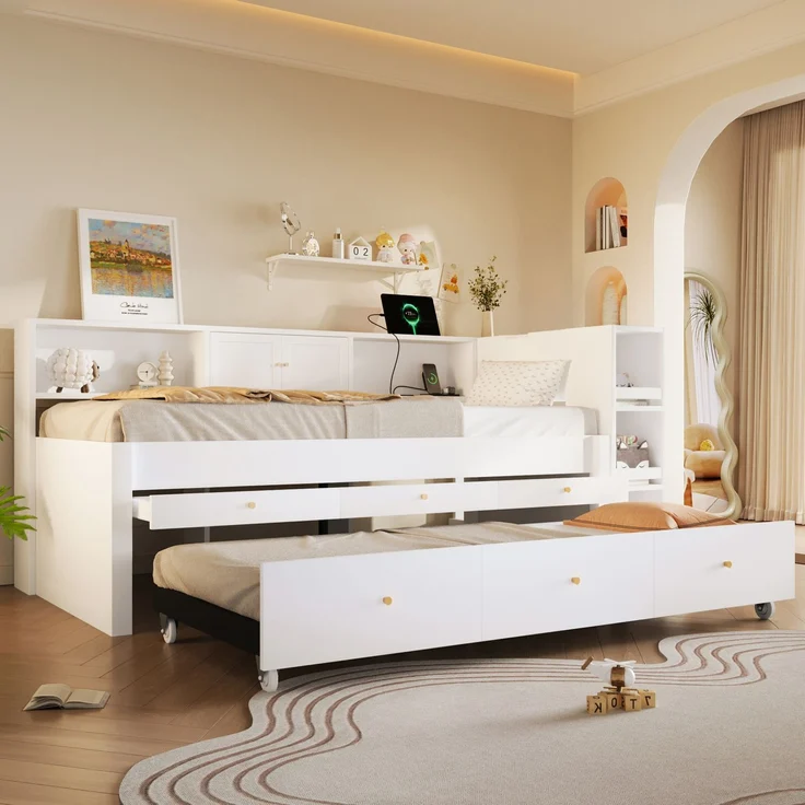 Stauraumbett 90x200 cm mit 3 Schubladen, Ausziehbett und USB-Anschluss – Weiß (ohne Matratze) – Bild 1