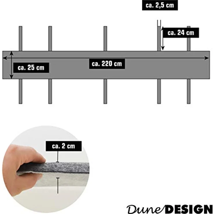 Dunedesign Bierbankauflage, Grau, 220 cm x 25 cm, rutschfest mit 5 Filzgurten, abwaschbarer Bezug, Outdoor-Kissen – Bild 2