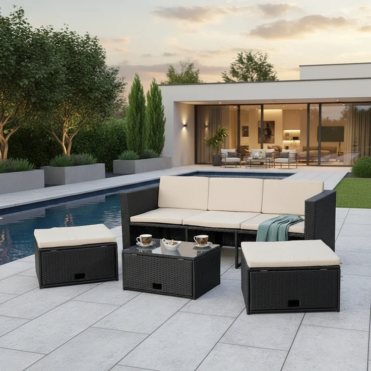 Rattanmöbel schwarz Sitzgruppe Poly Rattan Sofa und 2 Hocker Lounge – Bild 1