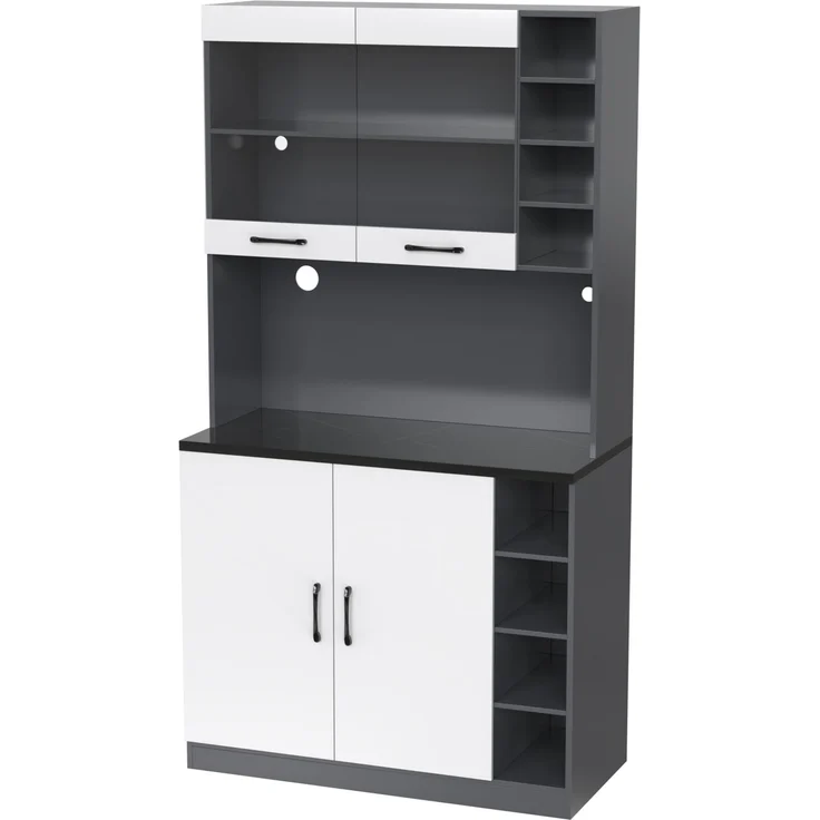 100 x 47 x 187 cm, Küchenschrank, Buffet mit LED-Ambiente-Beleuchtung und Kabellöchern, Küchen-Highboard aus Holz, großer Platz für Mikrowelle, freistehend, höhenverstellbare seitliche Ablagefächer – Bild 10
