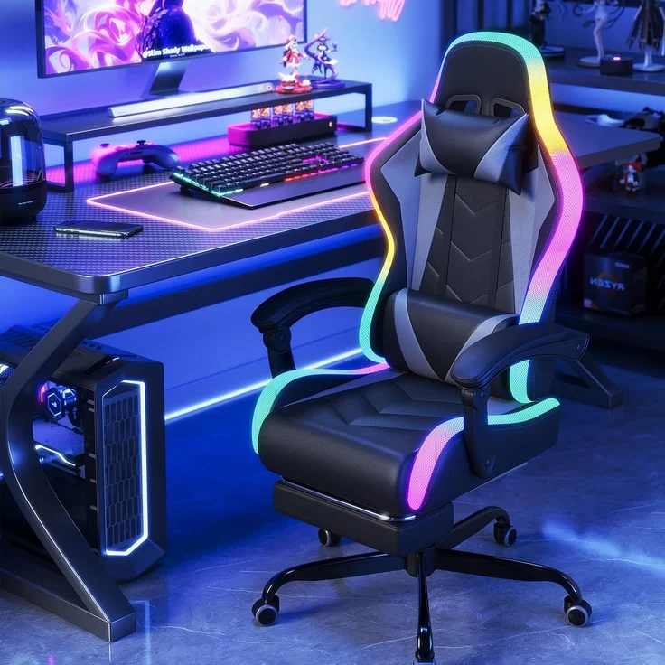 JUMMICO Gaming Stuhl mit led, Cool Racing Gamer Stuhl, Ergonomischer Bürostuhl mit Massagefunktion, Verstellbare Rückenlehne 90-135°, mit Teleskop Fußstütze, Gamingstuhl 150 kg belastbarkeit, Graue – Bild 2