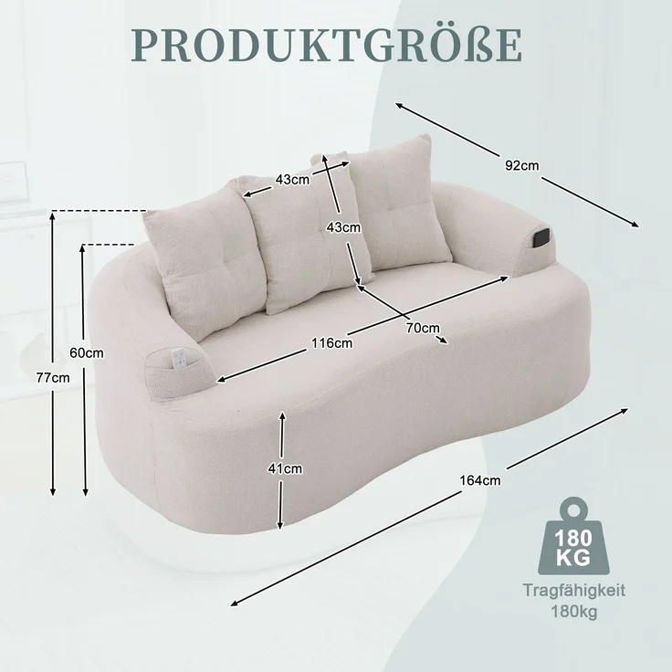 LVHOM 2-Sitzer Sofa mit 3 Kissen, Cloud Sofa mit komprimiertem Design, kein Aufbau erforderlich, Doppelsofa aus Chenille, Beige – Bild 7