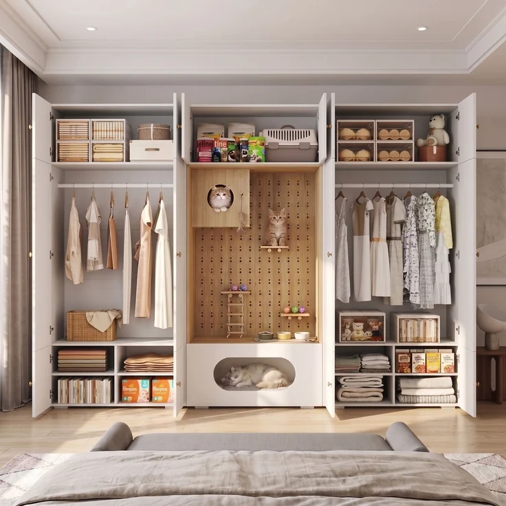 Wohnora-Kleiderschrank, Garderoben-Set Garderobe, Haustierschrank, 270 x 50 x 200 cm, mit 1 Kleiderstange und Katzenkletterwand, für Schlafzimmer, Wohnzimmer und Flur, Weiß+Holzoptik,H 200cm x T 270cm x B 50cm – Bild 2