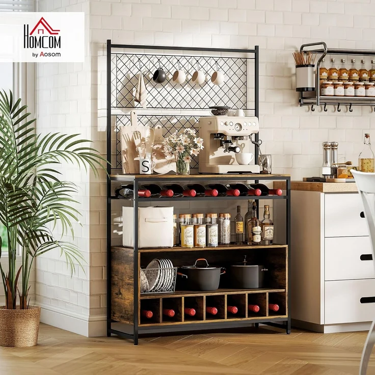 HOMCOM Küchenregal, Standregal mit 5 S-Haken, 2 Ablagen, Metallgitterpaneele, Kaffeebar mit Weinregal, Bäckerregal aus Metallrahmen, Rustikal-Braun, 96,5 x 38 x 165 cm – Bild 2