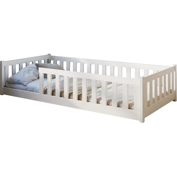 Kids Collective Kinderbett Bodenbett Bett mit Rausfallschutz & Lattenrost Montessori Bett Kinder (weitere Größen 80x160, 90x200, 120x200, 140x200 cm), Jugendbett Einzelbett optional mit Matratze, weiß Kiefer 80 x 180 cm – Bild 2
