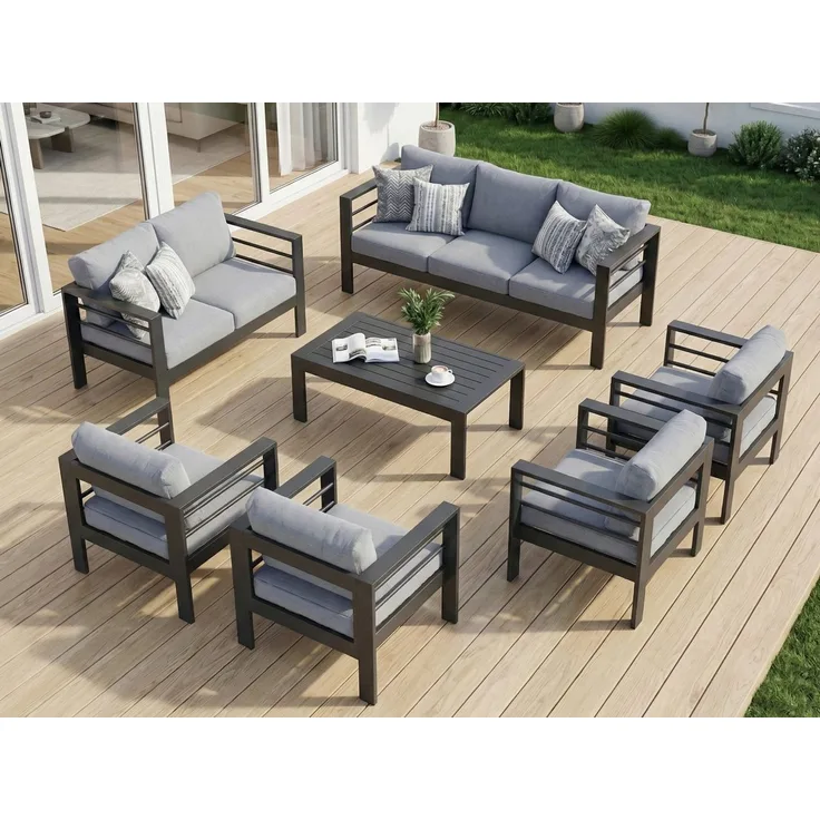 MeXo Gartenlounge-Set Terrassenmöbel Set 8-10 Personen Aluminium outdoor wetterfest, (Belastbarkeit pro Sitzplatz 140kg, 7-tlg, 12cm Deluxe Relax-Sitzkissen), Gartenmöbel Set für Außenbereich, Terrasse, Balkon und Garten