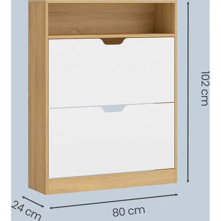 VASAGLE Schuhregal 2 Klappen, mit verstellbarer Trennwand, Schuhaufbewahrung, offenes Fach, 24 x 80 x 102 cm, eichenfarben-weiß – Bild 5