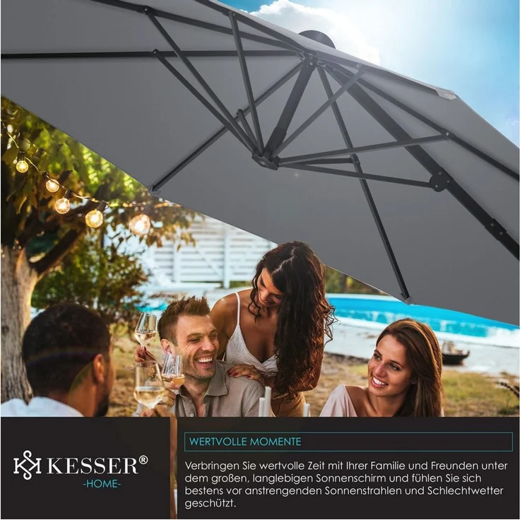 KESSER® Sonnenschirm Ampelschirm SUN Rund XL Ø330 cm Inkl. Windschtzseile & Abdeckung 7-Fach Verstellbar Drehbar Neigbar Kippbar Groß 360° Drehbar Gartenschirm mit Kurbel Sonnenschutz UV50+ Anthrazit, Ohne LED – Bild 3