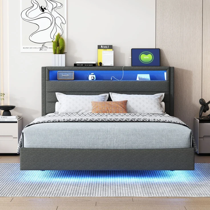 Polsterbett 140x200 cm mit USB-Steckdose und LED-Licht, wendbares Kopfteil, verdecktes Fußteil, Doppelflachbett, Jugendbett, Erwachsenenbett, Leinenstoff grau – Bild 2