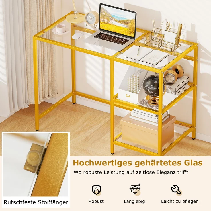 Schreibtisch Computertisch mit gehärtete Glasplatte Schutzglasständer Golden SH975 – Bild 3