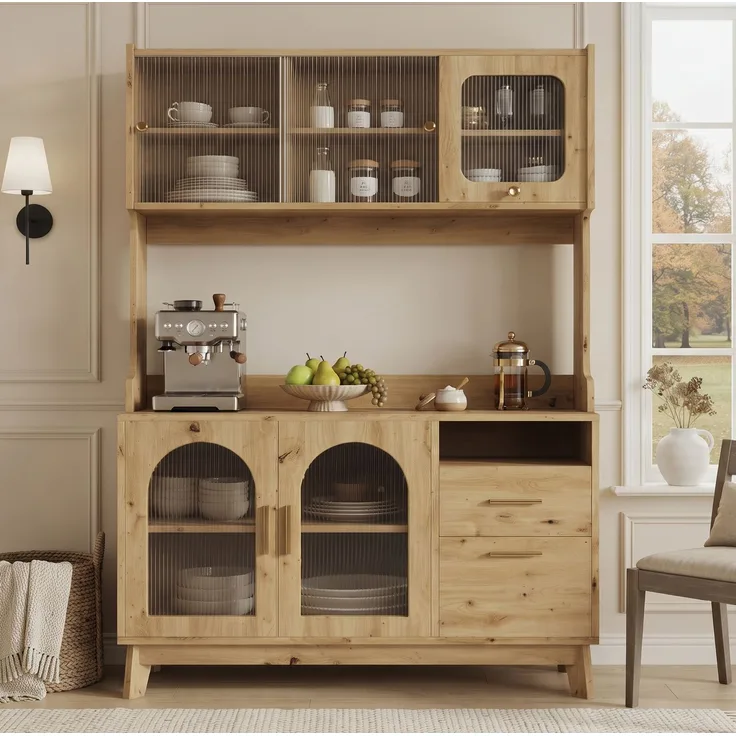 Buffetschrank 120 x 40 x 178 cm mit Steckdosen und USB – Hochschrank in Holzfarbe mit Acrylglasfront
