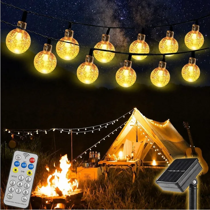 Toomoke LED Solarleuchte 12M/39FT Kugel-Lichterkette für Garten und Terrasse, Solar-Lichterkette für Balkon, Camping, Feste und Weihnachten, 100 LEDs, Warmweiß, 8 Modi, Solar & USB, Fernbedienung