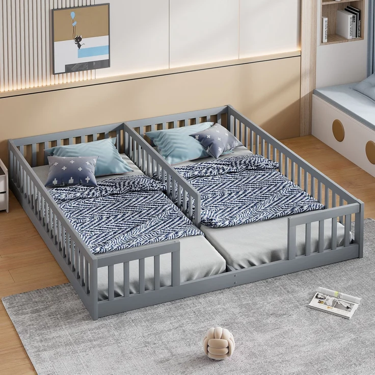 Doppelbett 90x200 cm aus Kiefernholz ,Kinderbett mit Sicherheitsgitter und Lattenrost, platzsparendes Familienbett,grau – Bild 1