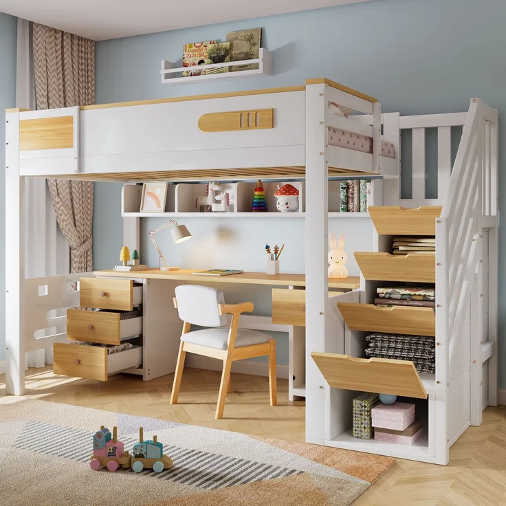 TavilaEcon Hochbett Holzbett mit Schreibtisch, Schubladen, Stauraumtreppe und Hängeregal weiß Liegefläche 90 × 200 cm