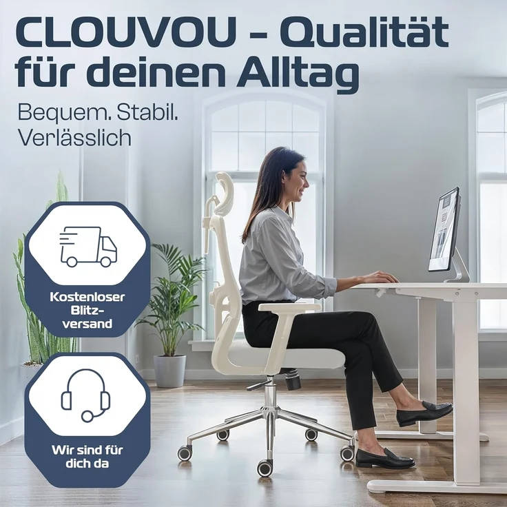 CLOUVOU BrightSeat Bürostuhl Ergonomisch [TESTSIEGER] Schreibtischstuhl 100% individuell einstellbar | Büro Stuhl & Gaming Stuhl | Computerstuhl Home Office Chair Ergonomic | Drehstuhl 150 kg – Bild 7