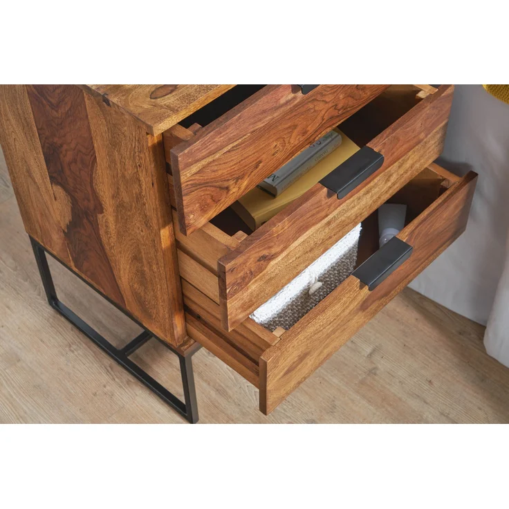 FINEBUY Nachttisch FB86843 (50 x 40 x 65 cm Sheesham Massivholz Metall, Industrial), Nachtkästchen mit Schubladen, Nachtkonsole Modern – Bild 4